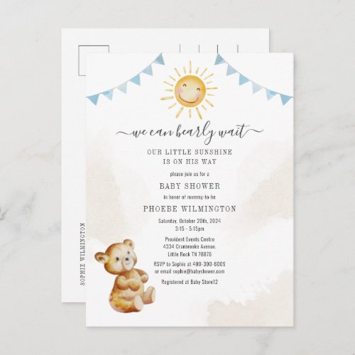 Bear Sunshine Watercolor Boy Baby Shower Invitation Postcard