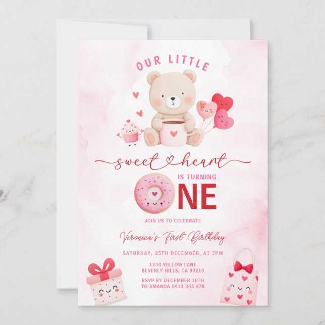 Bear Sweetheart Valentine 1st Birthday Balloon  Invitation (Front)
