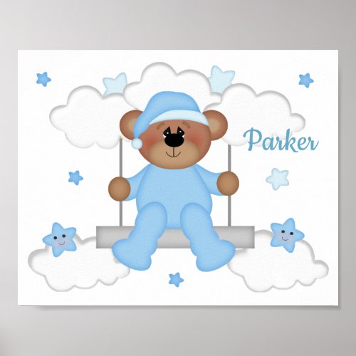 Bear Swing Stars Clouds Baby Boy Nursery Art  Poster