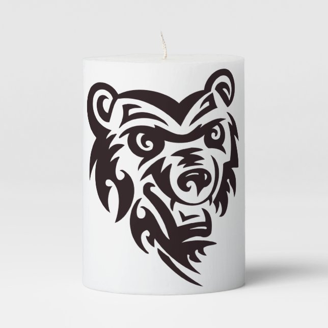 Bear Tattoo Style Artwork Black White Design Pillar Candle (Front)