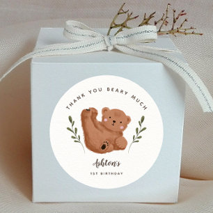 Bear Thank You Beary Much Boy Birthday Party Classic Round Sticker
