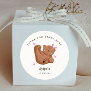 Bear Thank You Beary Much Girl Birthday Party Classic Round Sticker