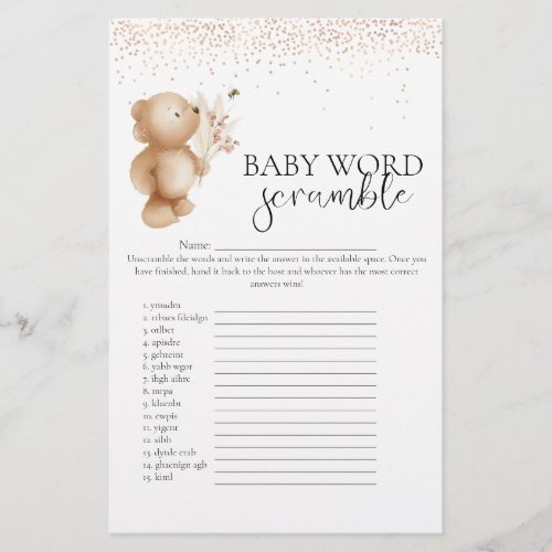 Bear  The Bee Word Scramble Baby Shower Game