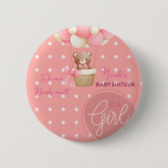 Bear Theme Pink Peach Hot Air Balloon Baby Shower Button (Front)