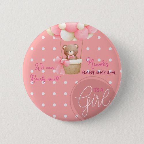 Bear Theme Pink Peach Hot Air Balloon Baby Shower Button