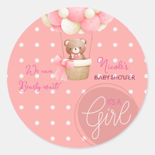 Bear Theme Pink Peach Hot Air Balloon Baby Shower Classic Round Sticker