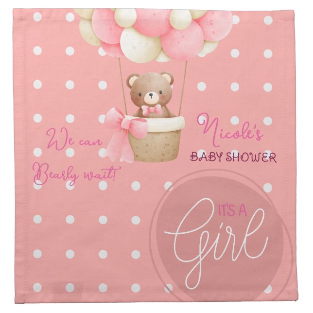 Bear Theme Pink Peach Hot Air Balloon Baby Shower Cloth Napkin (Front)