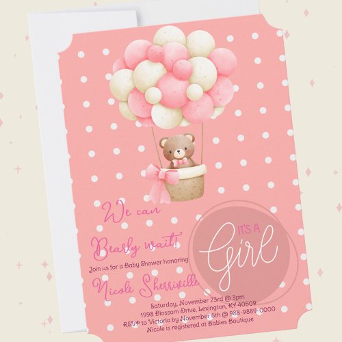 Bear Theme Pink Peach Hot Air Balloon Baby Shower Invitation