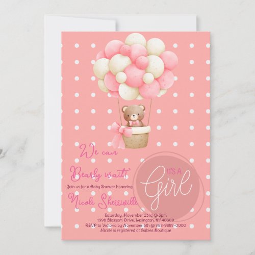 Bear Theme Pink Peach Hot Air Balloon Baby Shower Invitation