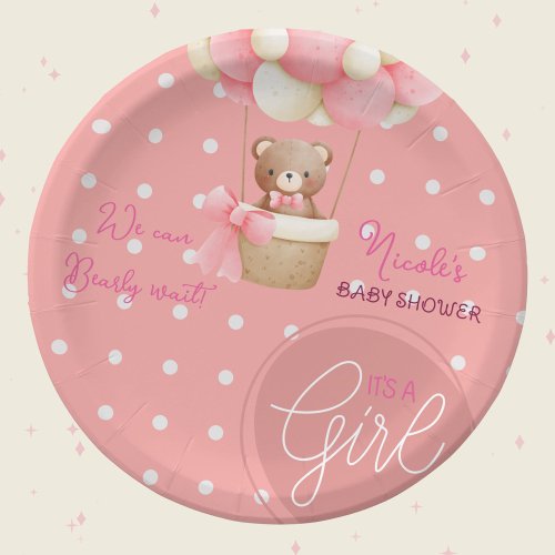 Bear Theme Pink Peach Hot Air Balloon Baby Shower Paper Plates