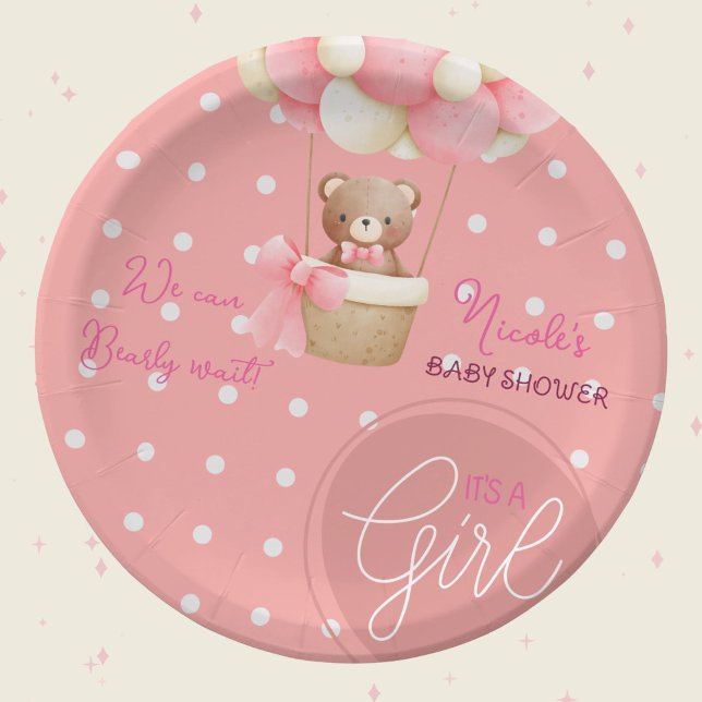 Bear Theme Pink Peach Hot Air Balloon Baby Shower Paper Plates (Bear Theme Pink Peach Hot Air Balloon Baby Shower Theme)