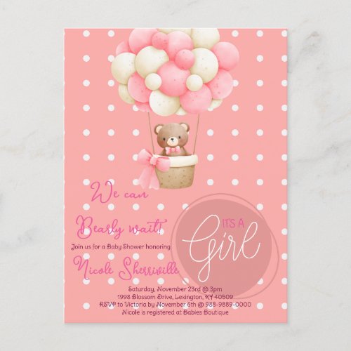 Bear Theme Pink Peach Hot Air Balloon Baby Shower Postcard