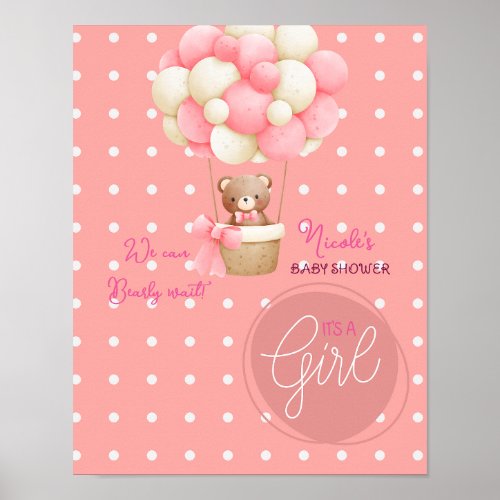Bear Theme Pink Peach Hot Air Balloon Baby Shower Poster
