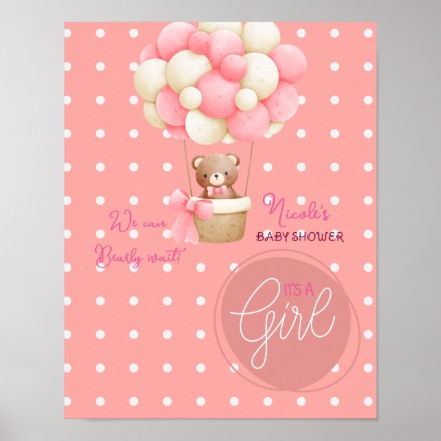 Bear Theme Pink Peach Hot Air Balloon Baby Shower Poster (Front)
