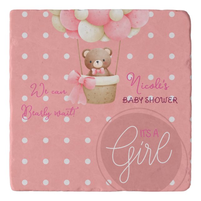 Bear Theme Pink Peach Hot Air Balloon Baby Shower Trivet (Front)