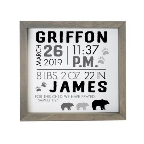 Bear_Themed Gray Birth Stats Framed Shadow Box