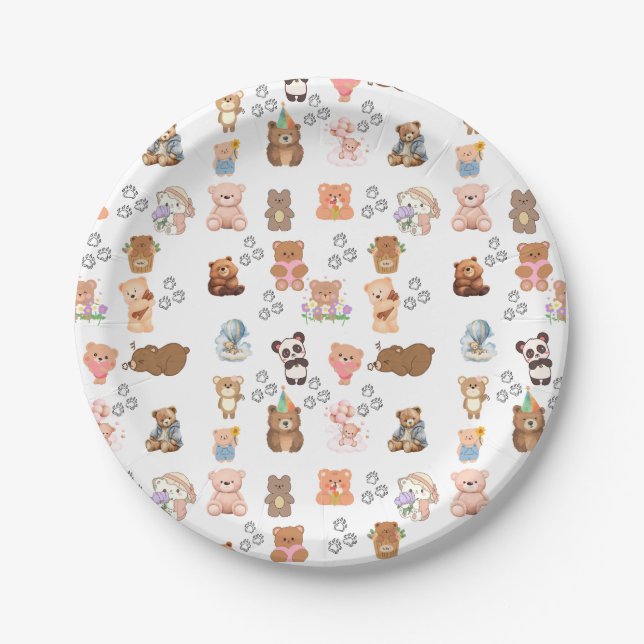 Bear-Themed Seamless Pattern 7" Round Paper Plates (Front)