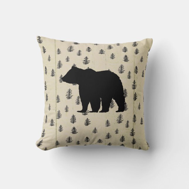Bear Tree Mountain Illustration Pattern Rustic Throw Pillow (Front)