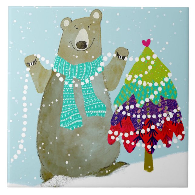 Bear Trimming Tree Ceramic Kitchen Tile (Front)
