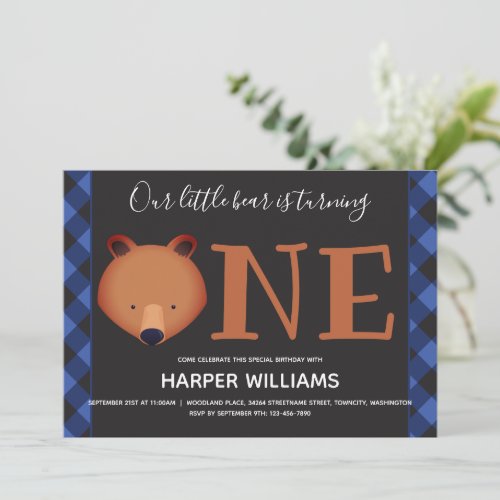 Bear Turning One Blue Buffalo Plaid First Birthday Invitation