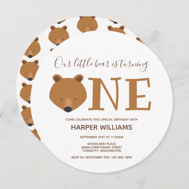 Bear Turning One Cute Animal 1st Birthday Invitation (Front/Back)