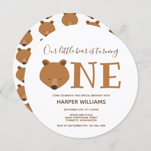 Bear Turning One Cute Animal 1st Birthday Invitation