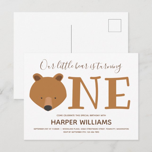 Bear Turning One Cute Animal First Birthday Invitation Postcard (Front/Back)