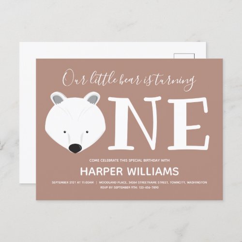 Bear Turning One Cute Animal First Birthday Invitation Postcard