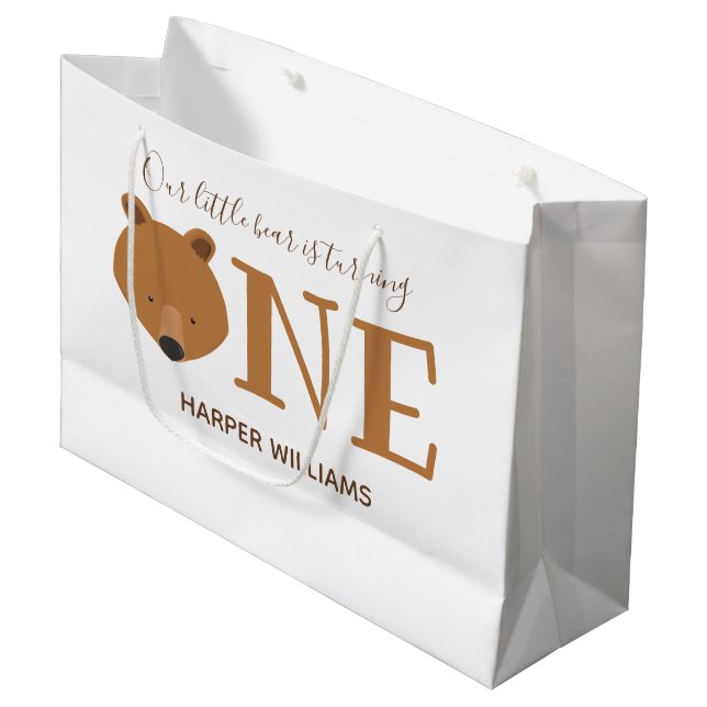 Bear Turning One Cute Animal First Birthday Large Gift Bag (Front Angled)