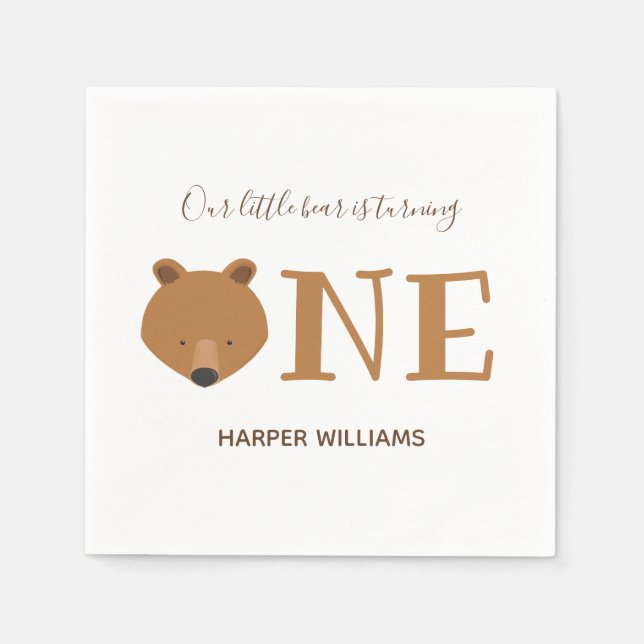 Bear Turning One Cute Animal First Birthday Napkins (Front)