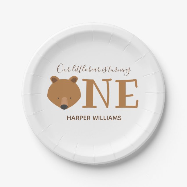 Bear Turning One Cute Animal First Birthday Paper Plates (Front)