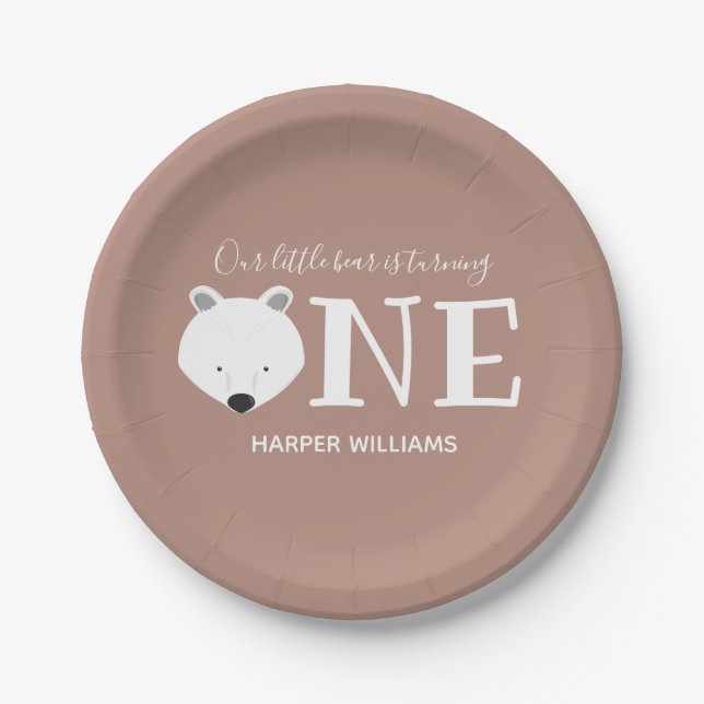 Bear Turning One Cute Animal First Birthday Paper Plates (Front)