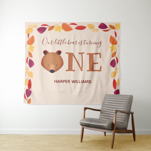 Bear Turning One Fall Animal First Birthday Tapestry