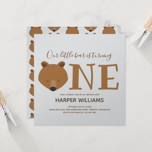 Bear Turning One Silver Animal First Birthday Invitation