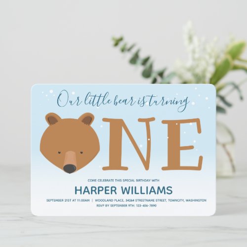 Bear Turning One Winter Animal 1st Birthday Invitation