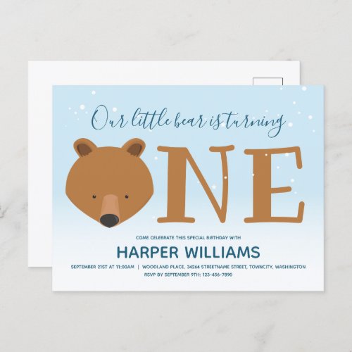 Bear Turning One Winter Animal 1st Birthday Invitation Postcard