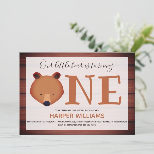 Bear Turning One Wood Animal First Birthday Invitation (Standing Front)