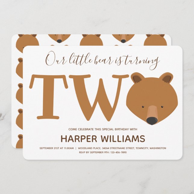 Bear Turning Two Animal Second Birthday Invitation (Front/Back)