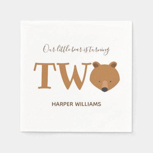 Bear Turning Two Cute Animal Toddler 2nd Birthday Napkins