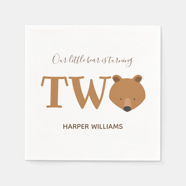 Bear Turning Two Cute Animal Toddler 2nd Birthday Napkins (Front)