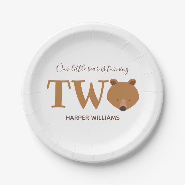 Bear Turning Two Cute Animal Toddler 2nd Birthday Paper Plates (Front)