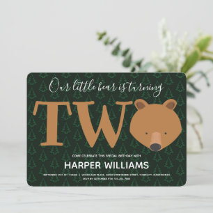 Bear Turning Two Pine Second Birthday Invitation