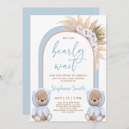 Bear Twin Boys Baby Shower Invitation