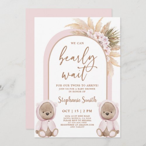 Bear Twin Girls Baby Shower Invitation