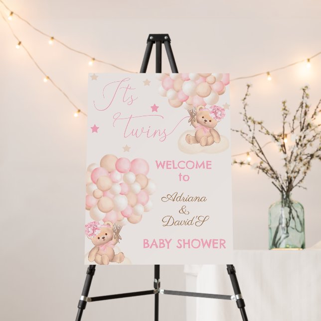 Bear Twin Girls Baby Shower Welcome Sign (In Situ (Stand))