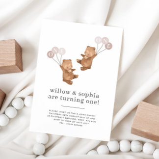 Bear Twin Girls Joint 1st Birthday Invitation
