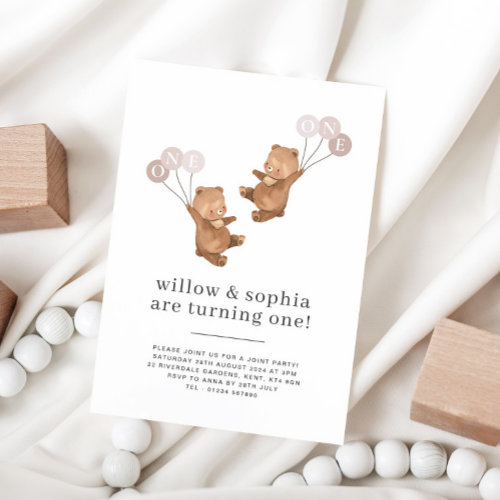 Bear Twin Girls Joint 1st Birthday Invitation