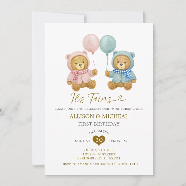 Bear Twins Boy Girl Birthday Party Invitation (Front)