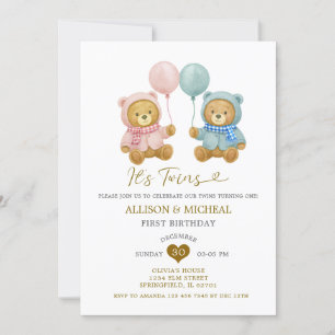 Bear Twins Boy Girl Birthday Party Invitation