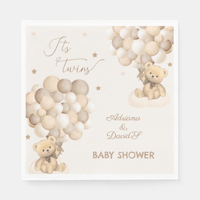 Bear Twins Gender Neutral Brown Beige Baby Shower Napkins (Front)